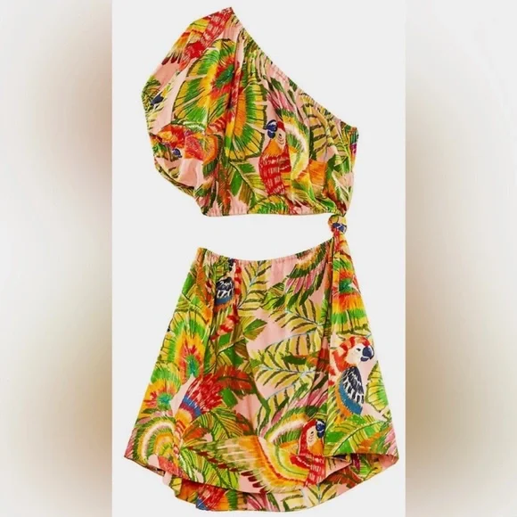 Farm Rio Macaw Leaves Linen-Blend Cutout Mini One-Shoulder Dress, sz XS - Picture 5 of 12